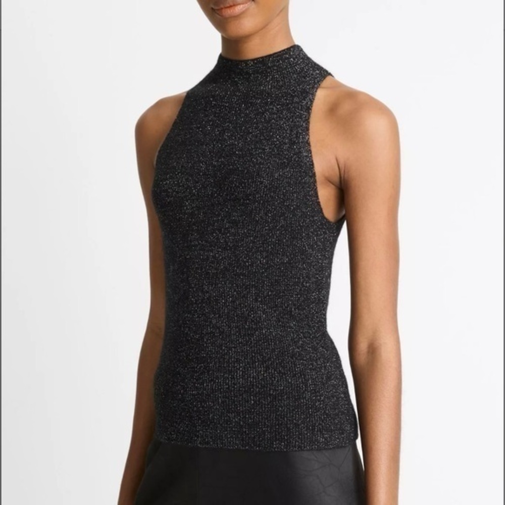 Vince Italian Metallic Alpaca-Blend Mock-Neck Tank in Black Metallic Size L